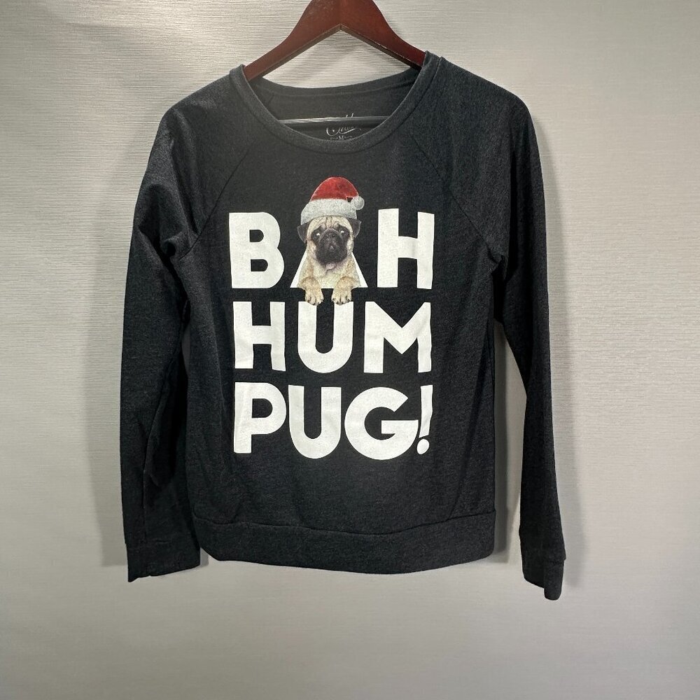 Cold Crush Sweatshirt Womens Medium Black Bah Hum Pug! Pullover Rib Cuffs